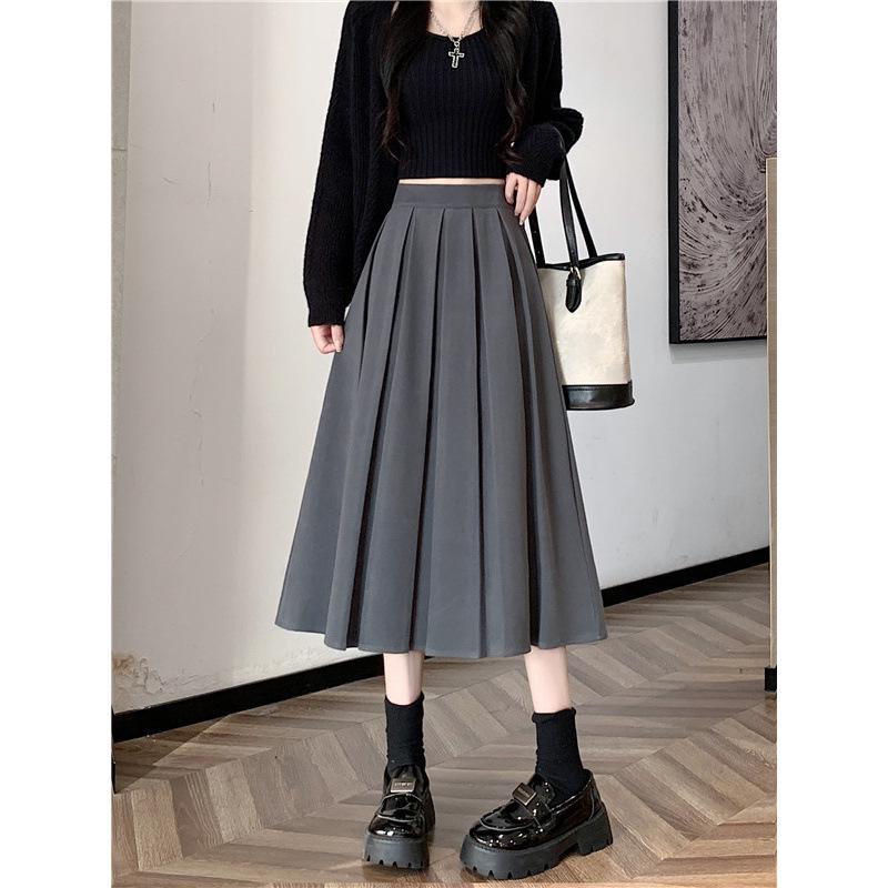 Chic Winter Wool Pleated A-Line Midi Skirt - Plus Size, Age-Reducing, Solid Color