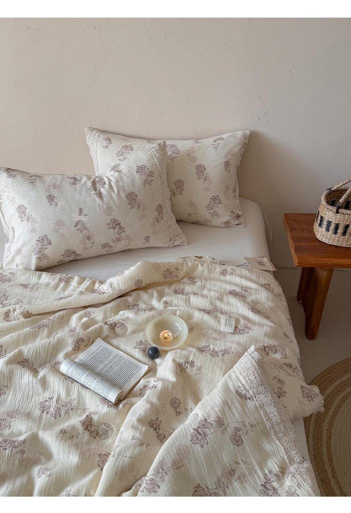 Summer Retro Cotton Linen Lace Design Thin Quilt - Machine Washable Air Conditioning Blanket