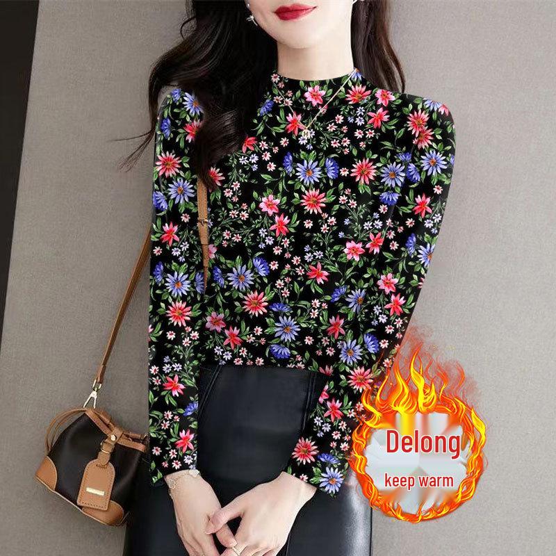 

Women s Floral Ribbed Fleece Base Layer Top - Semi-High Neck, Long Sleeve, Slimming and Versatile for Moms L (90-105 jin)