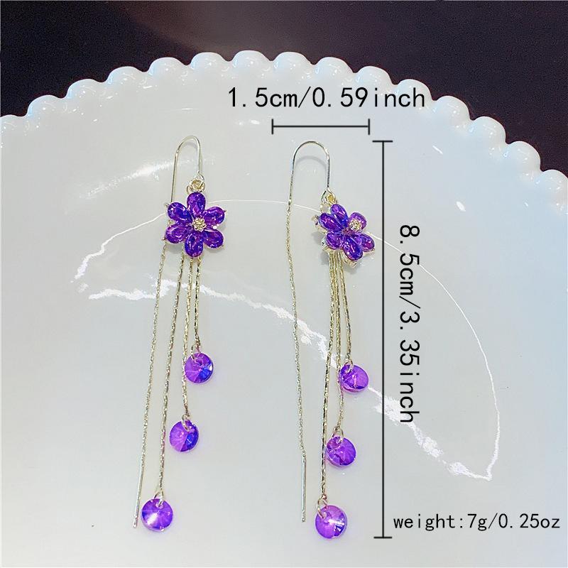 Elegant Purple Rhinestone Drop Earrings for Women Trendy Shiny Crystal Flower Long Tassel Earrings Girls Wedding Jewelry Gift