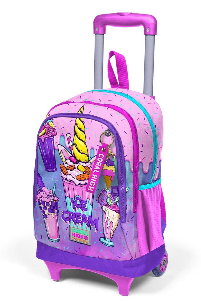 Coral High Kids Pembe Mor Milkshake Dondurma Desenli Üç Bölmeli Çekçekli Okul Sırt Çantası 23949