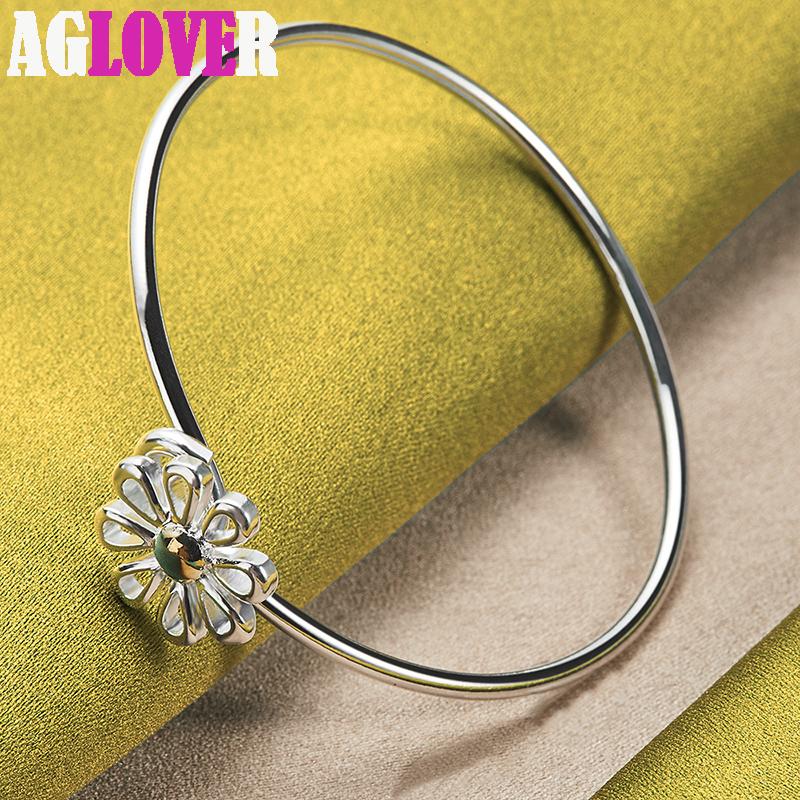 925 Sterling Silver Gold Flower Bangle Bracelet Jewelry