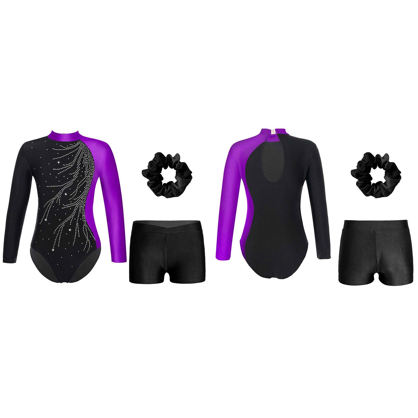 

Girls Kids Sparkly Rhinestones Gymnastic Leotard Long Sleeve Dance Bodysuit Unitard with Shorts and Headwear 5-6 Years фіолетовий