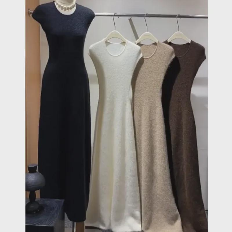 Women's Knitted Apricot Dress: Short-Sleeved, Long Skirt, Perfect for Early Autumn