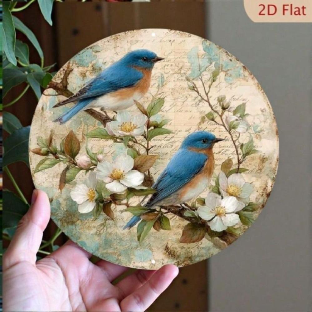Vintage Blue Bird Flower Round Metal Tin Sign 20cm Home Garden Wall Decor
