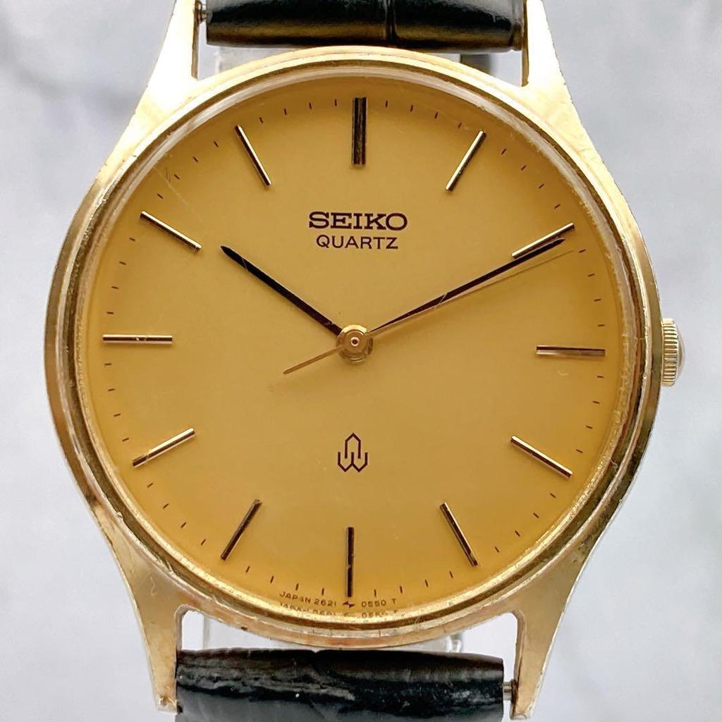 Working condition SEIKO Chariot Watch Gold SPG Gold Plated 3 Hands 1981 Vintage Leather Strap Dress Watch Black Men's