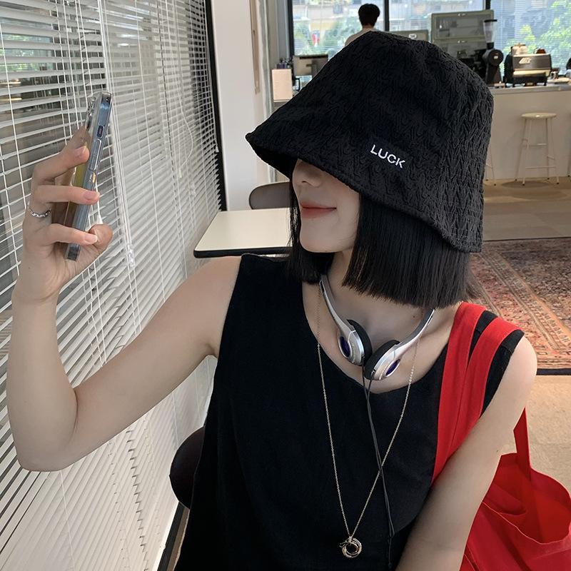 Letter Bucket Hat Women's Spring and Summer Black Versatile Big Head Circumference Bucket Hat Showing Face Small Plain Hat