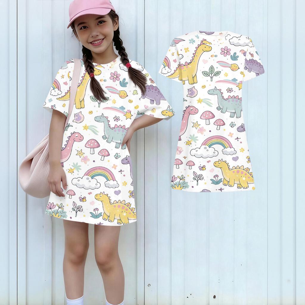 Girls Print Casual Dress Kids Loose Round Neck Short Sleeve Thin Sundress