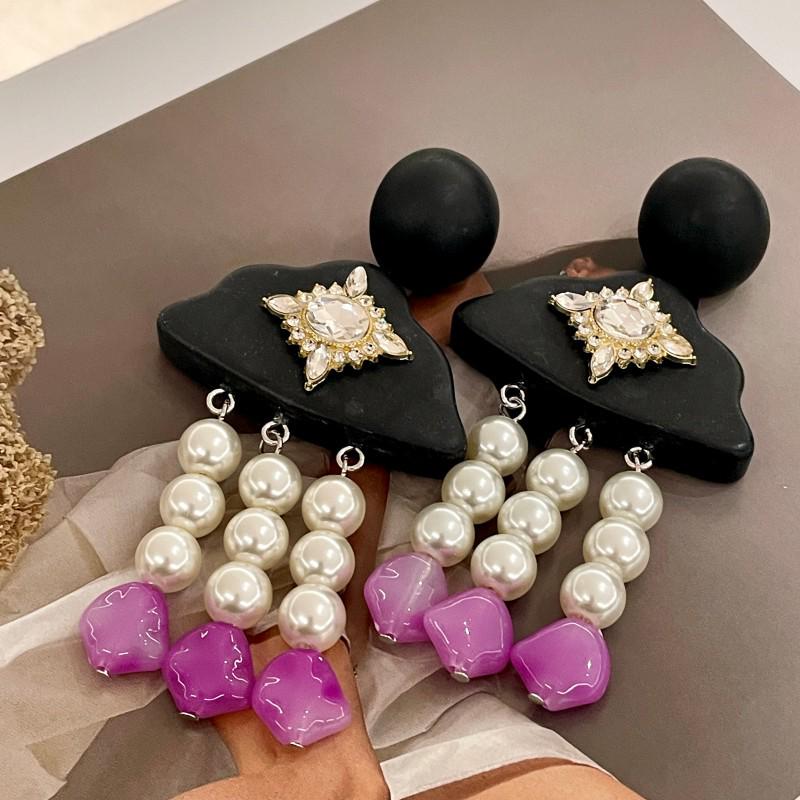 Elegant Amethyst Pearl Black Wood Tassel Earrings for Autumn & Winter
