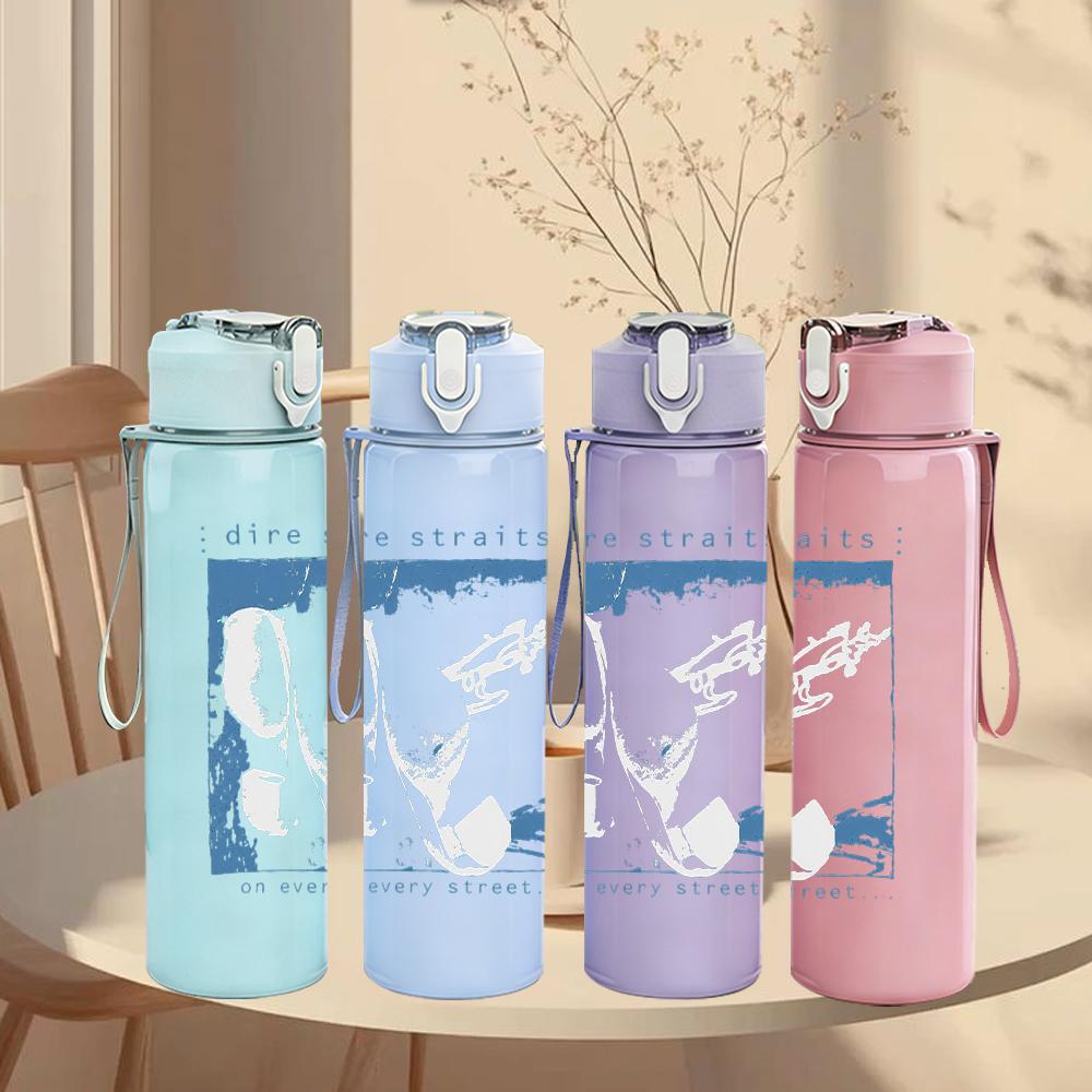 1PC Light blue rectangular band album print 750ml colorful plastic sports water bottle leakproof pop up lid with straw for outdoor work home use