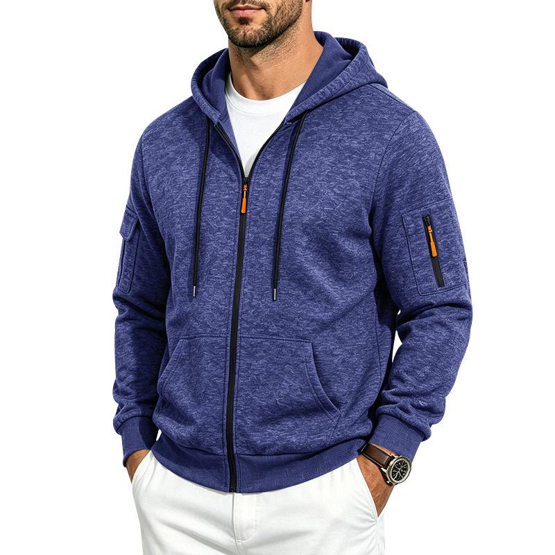 Men Heather Full Zip Hoodie Jacket, Drawstring Hood Long Sleeve Sweatshirt With Multi Arm Cargo Pockets Casual Outdoor Zip Up Hooded Coat