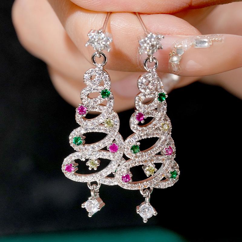 Christmas tree spiral line earrings female, flash inlaid zircon jewelry, star pendant