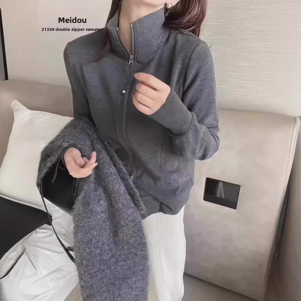 2024 Herbst/Winter Damen Minimalistischer Doppelreißverschluss Stehkragen Layering Samtpullover Strickjacke