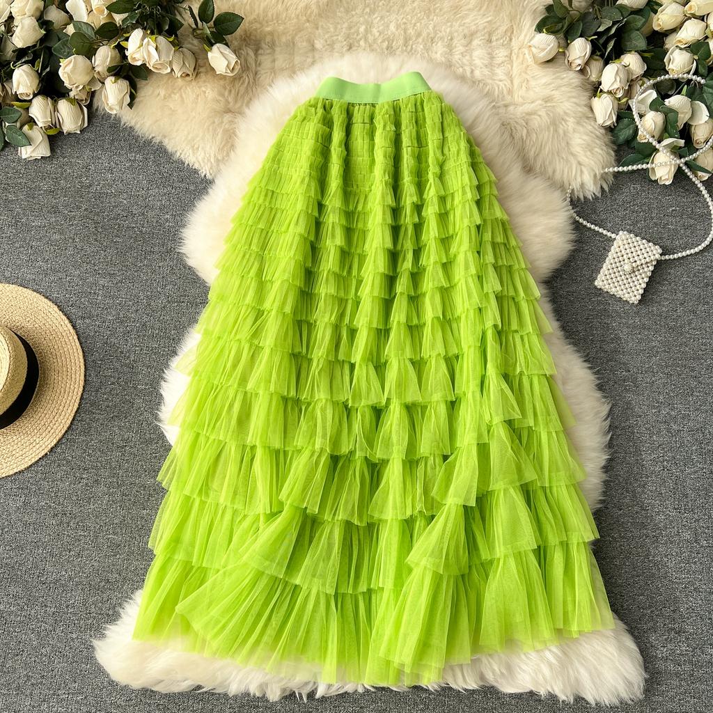 Summer Women Elegant Ruffles Mesh Elstic Waist Long Midi Cake Skirt