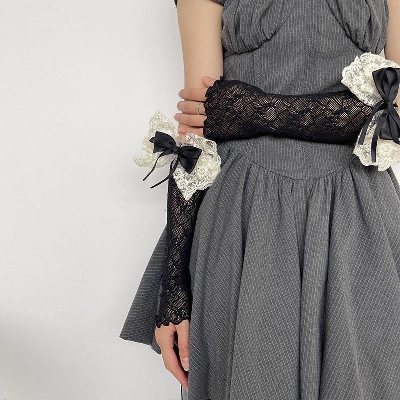 Elegant Bowknot Lace Sexy Fishing Net Elastic Arm Sleeves Sunscreen Girl Long Mesh Hollow Out Fingerless Gloves