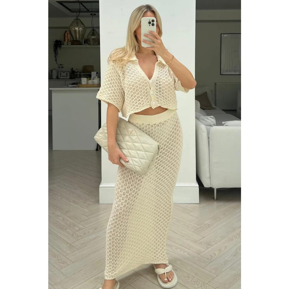 GMXIA Summer Spring Knitted Hook Flower Set Skirt Multi-color Cardigan Buckle Skirt All Match Set