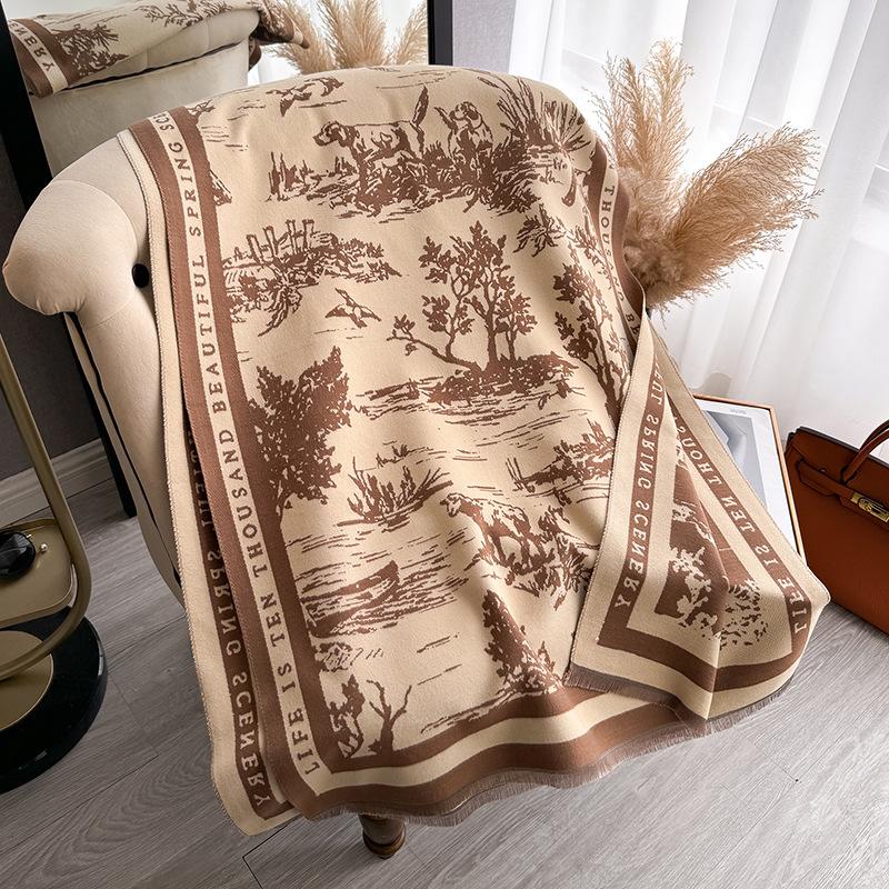 Wind Women'S Double-Sided Imitation Cashmere Thermal Scarf Fashionable High-End Mori Versatile Shawl