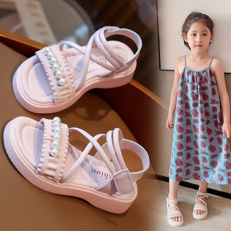 

Girls sandals 2025 summer new little girl little princess Roman shoes children soft sole Korean version of beach shoes 37