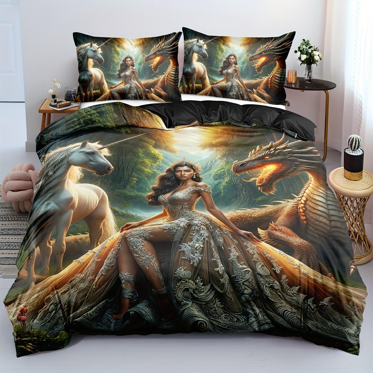 2/3pcs Animal Print Bedding Set, Dragon Down Comforter Set, Unicorn Duvet Cover, Bedroom Decor, Guest Room, Bohemian Flat Print (135x200cm)