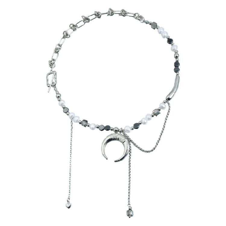 

Contemporary Women s Necklace Combining Flat Moon Charm Simulated Pearls and Cubic Zirconia for Chic Statement 1