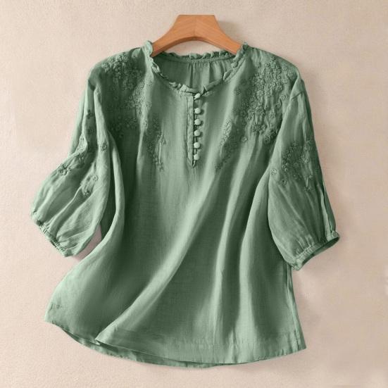 Camicia da Donna Ricamata Floreale Manica a 3/4 a Palloncino Vestibilità Larga Pullover Top Orlo Curvo Casual Estiva Blusa Traspirante Quotidiano