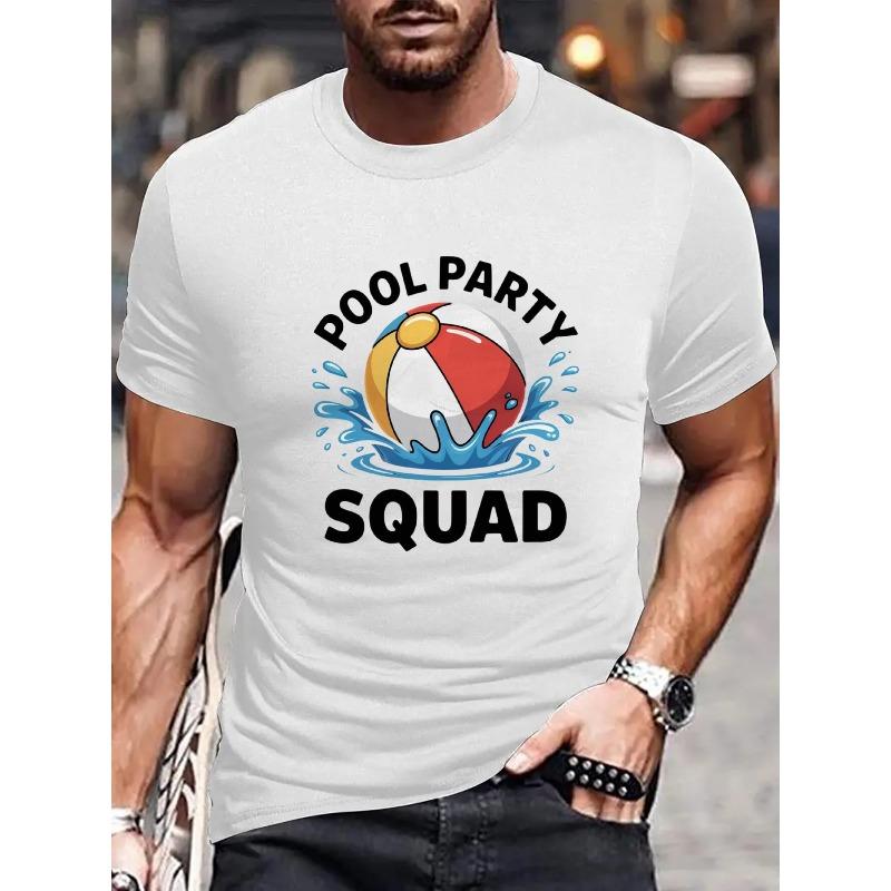 European Size Black Crew Neck T-Shirt for Men Featuring a Beach Ball Design, Perfect for Summer Gatherings S