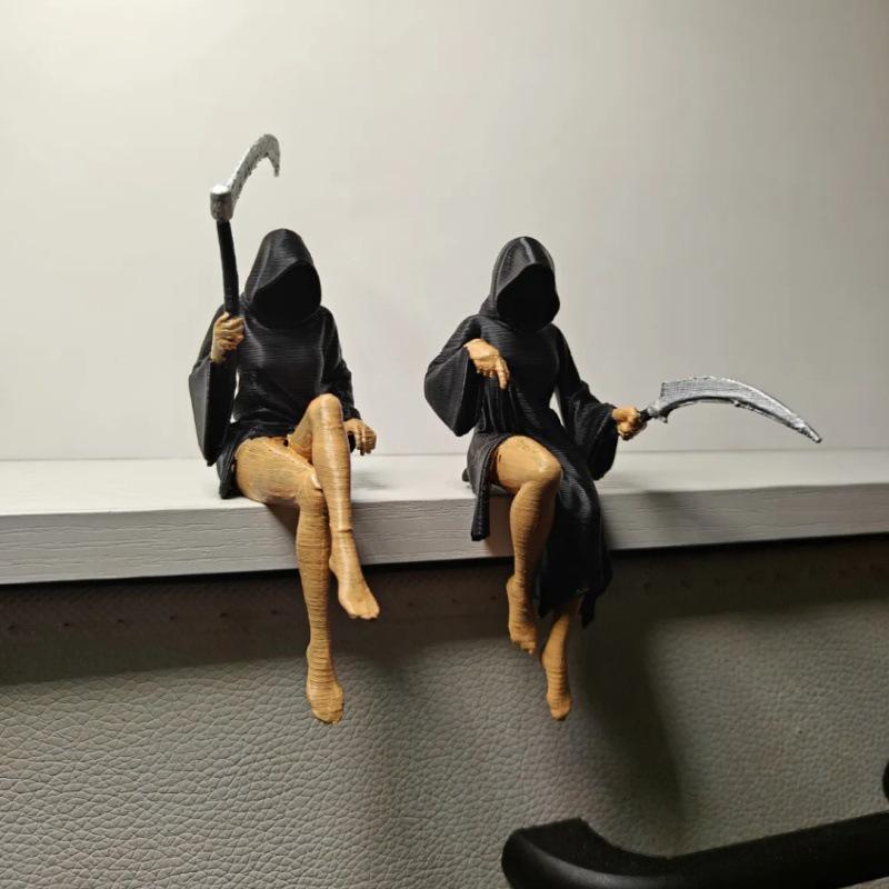Gothic Death Sisters Figure Grim Reaper Bookshelf Sculpture 3D Printed Spooky Statues Holding Sickle Desktop Ornaments Halloween