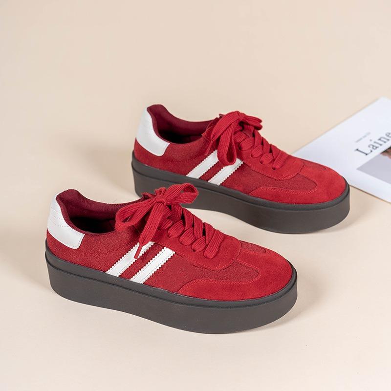 Plateauschuhe mit dicker Sohle, farblich passend, runde Zehenkappe, Retro, vielseitig, lässig, flache Schuhe, kleine weiße Schuhe, Damen