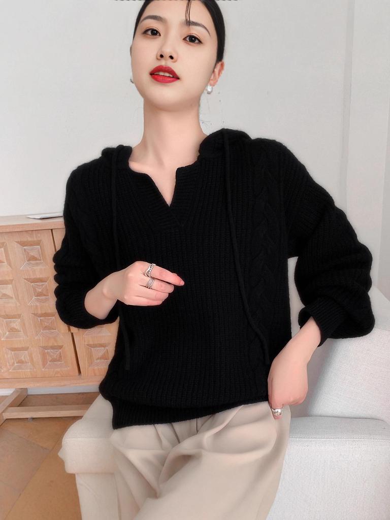 Women's Plus Size Hooded Wool Cable Knit Pullover - Slim Fit Casual Sweater for Autumn/Winter