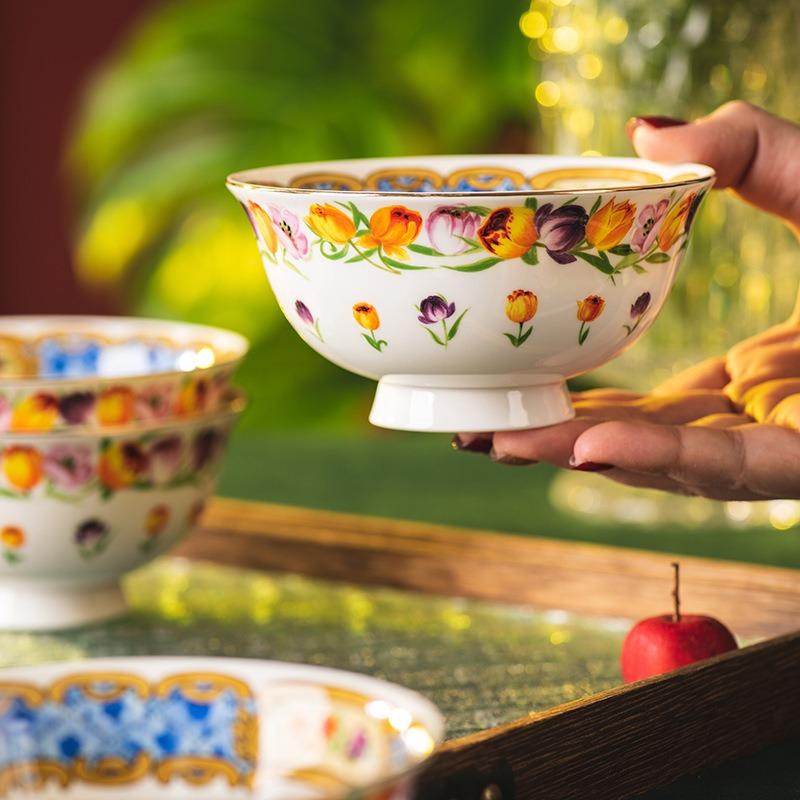 Tulip Rice Bowl Household Bone China Tableware Retro Rice Bowl Soup Bowl Noodle Bowl High Value Bowl Small Bowl