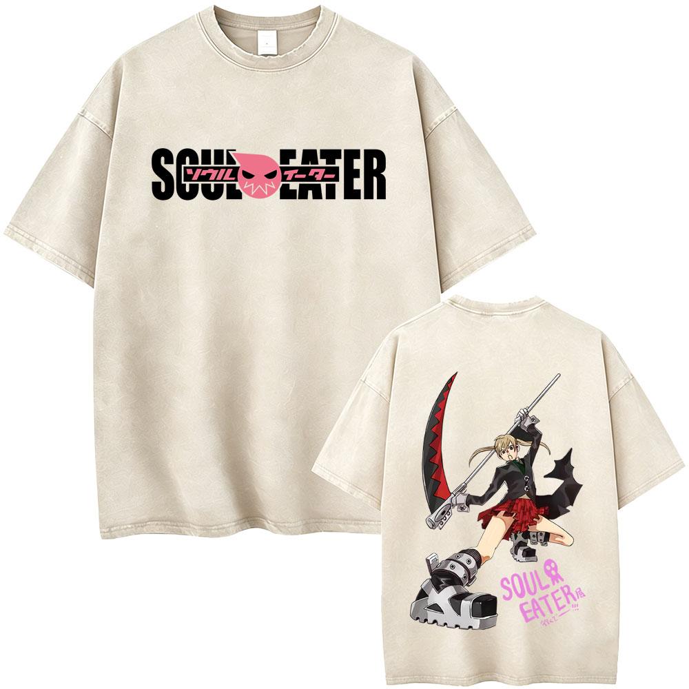 Washed Vintage Anime Soul Eater Maka Albarn Soul Evans Graphic Tshirt Mens Retro Manga T Shirts Men Cotton Oversized Tshirts