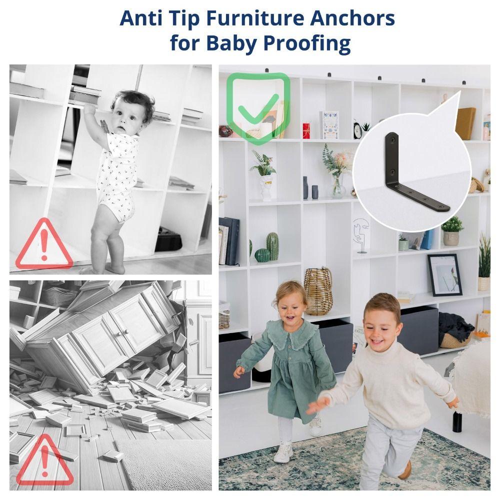4Pcs Black Furniture Anchors 5"x3" Falling Prevention Baby Proofing Kit L-shaped Support Furniture Wall Anchor