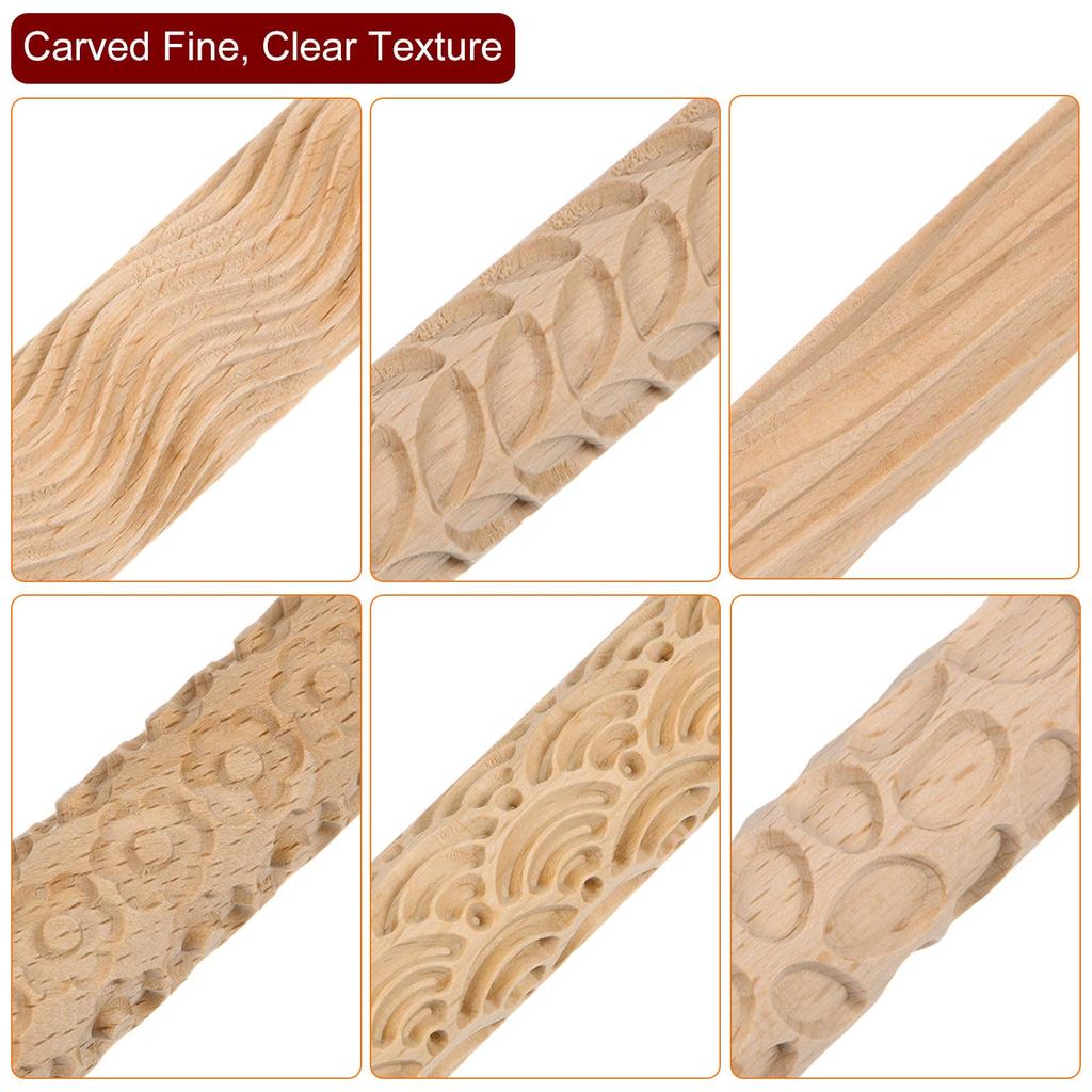 uxcell 6pcs Wooden Clay Roller Pattern Modeling 5.9" Beech Wood Hand Roller Wooden Ceramic Tool Wood Grain Technique Clay Roller Baking Clay DIY