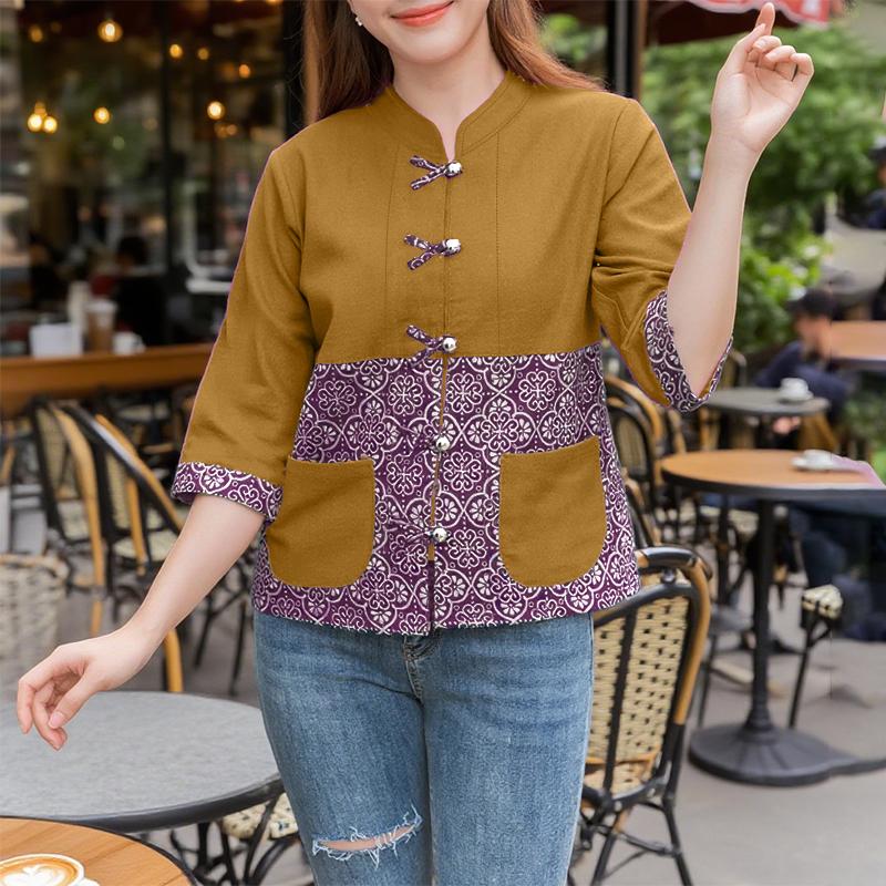 

ZANZEA Women Casual Retro Print Patchwork Loose 3/4 Sleeve Blouse 4XL