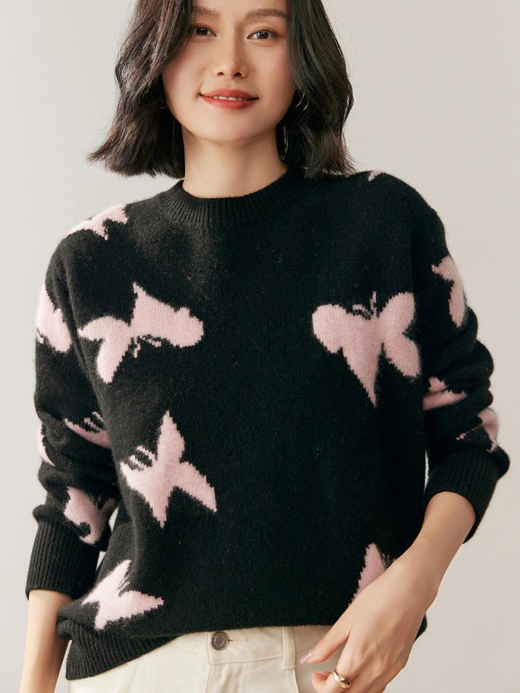 Women's Butterfly Cashmere Round Neck Sweater - 2025 Autumn/Winter Loose Slim Fit Knitwear