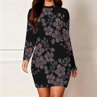 2025 Herbst und Winter Neu 3D-Blumendruck und Färbung Damenmode Langärmeliges Rundhals Hüftbetontes Kleid Valentinstag Limited