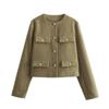Women Fashion Autumn Winter Single-breasted Textured Round Neck Flip Pocket Short Jacket Coat Chic Ladies Tops Mujer