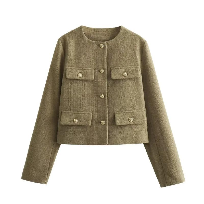 Women Fashion Autumn Winter Single-breasted Textured Round Neck Flip Pocket Short Jacket Coat Chic Ladies Tops Mujer