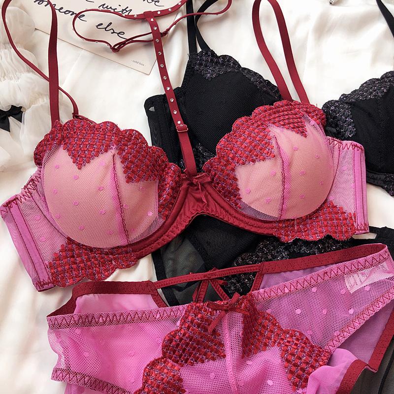 French Sexy Halter Underwear for Women Lace Love Embroidery Bra Set Shiny Diamond Lingerie Comfort Bras Hollow Panties Set