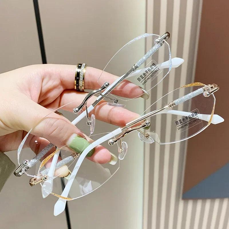 Diamond Cutting Rimless Ladies Myopia Glasses Anti Blue Light Minus Eyeglasses Finished Prescription Near Sight Eyewear Diopter