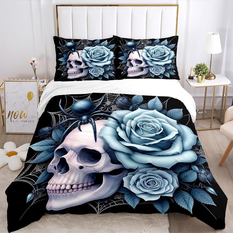 3-teiliges Blau-Rose und Spinne Bettwäsche-Set - Weiches & Bequemes Polyestergewebe, Ganzjahres-Atmungsaktives Bettdecken-Set Für 1 Bettbezug & 2 Kissen