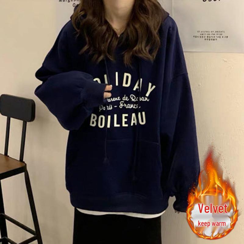 

Women s Fleece-Lined Hooded Sweatshirt - 2023 Trendy Korean Style, Loose Fit, Autumn/Winter Fashion. XL