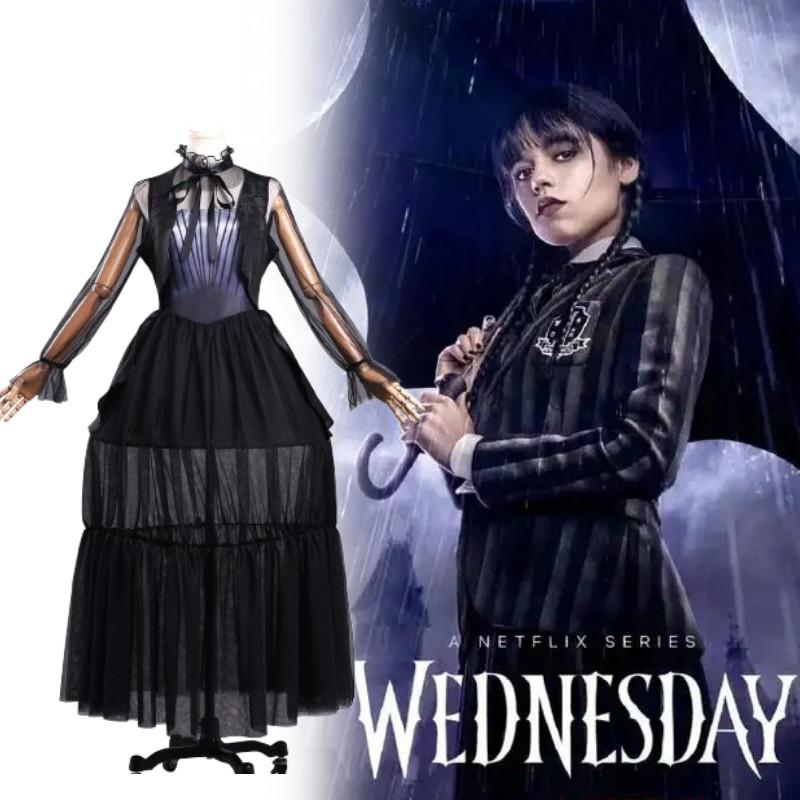 The Addams Family Wednesday Cosplay Costume With Black Hollow Out Dress For Halloween And Party