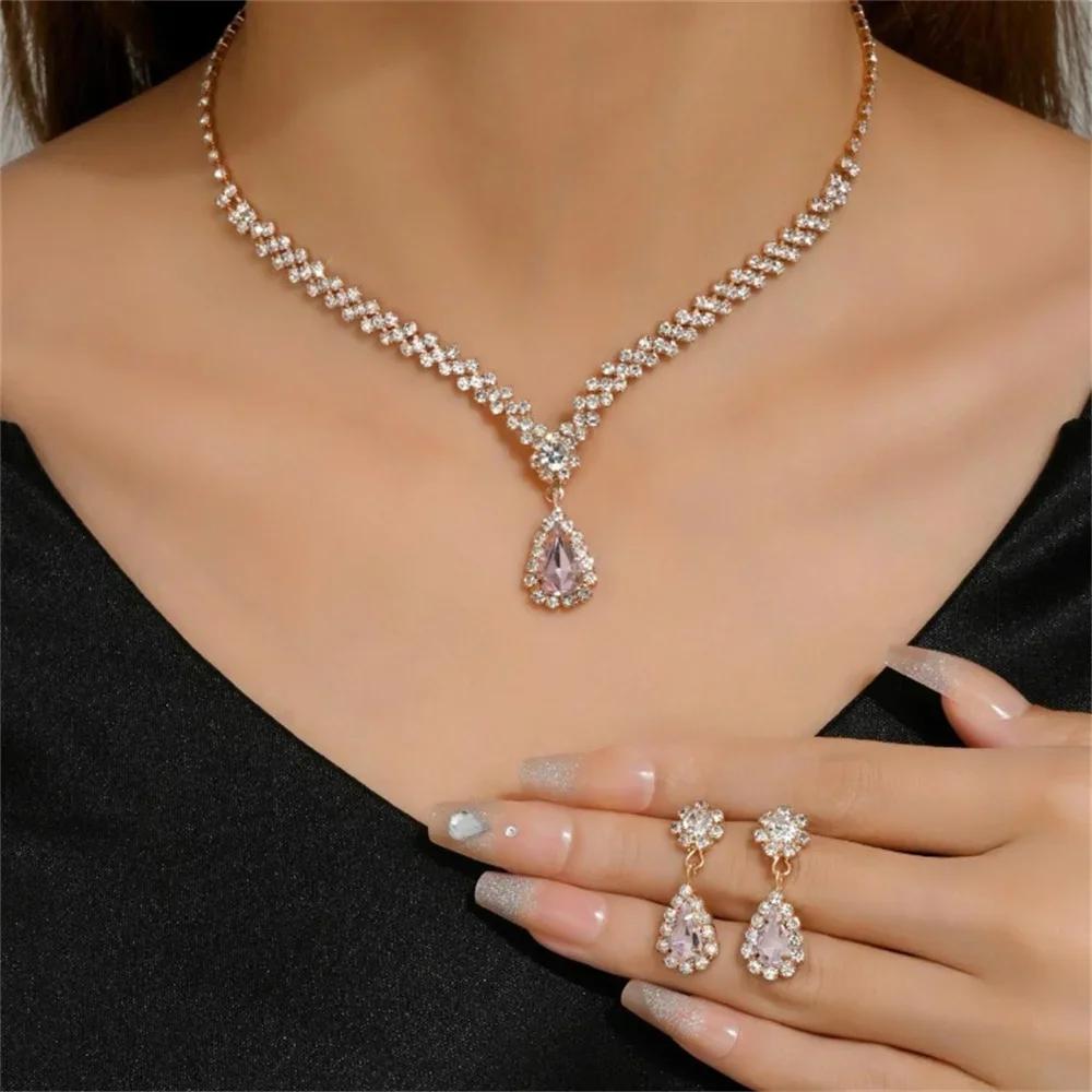 Luxurious Crystal Necklace Earrings Set Water Drop Pendant Clavicle Chain Party Jewelry Accessories for Women Wedding Bride