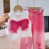 Girls' Summer Clothing Set Children's Sleeveless Perforated Jeans Two Piece Set Medium To Large Girls' Summer Fashion