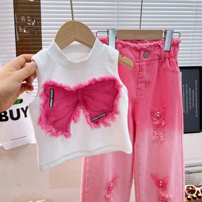 Girls' Summer Clothing Set Children's Sleeveless Perforated Jeans Two Piece Set Medium To Large Girls' Summer Fashion