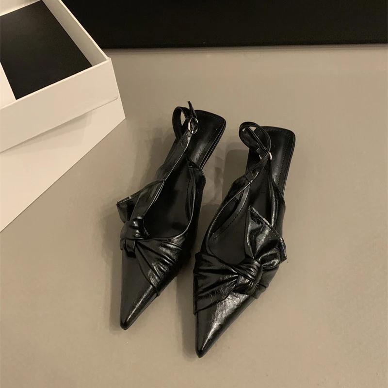 Summer Silvery Pointed Toe Women Sandals Fashion Butterfly-knot Singbacks Pumps Ladies Party Dress Low Heel Sandalias