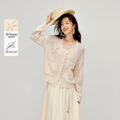 INMAN Women's Resort Ruffle V-Neck Cutout Knit Cardigan