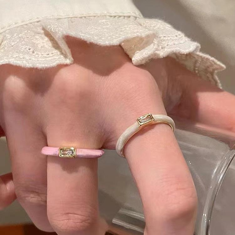 Korean New Style Adjustable Ring: Open Band with Drip Glaze & Square Diamond Design for Women, Ideal as Index Finger Jewelry.