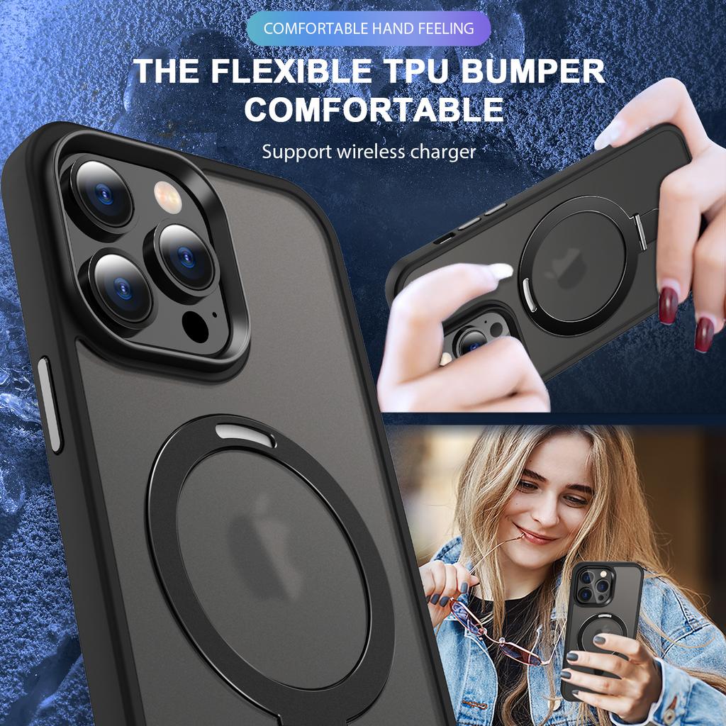For iPhone 14 Pro Max Magnetic Ring Kickstand Phone Cover PC+TPU Phone Cover Compatible with MagSafe
